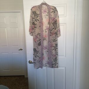 Floral Lace Trim Kimono Robe - Pink and Gray